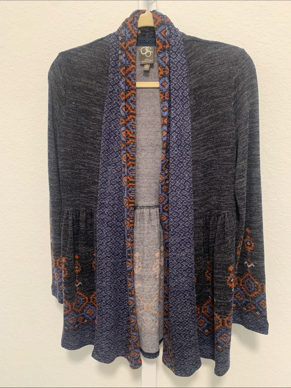 One September Anthropologie Blue Boho Print Open Front Cardigan